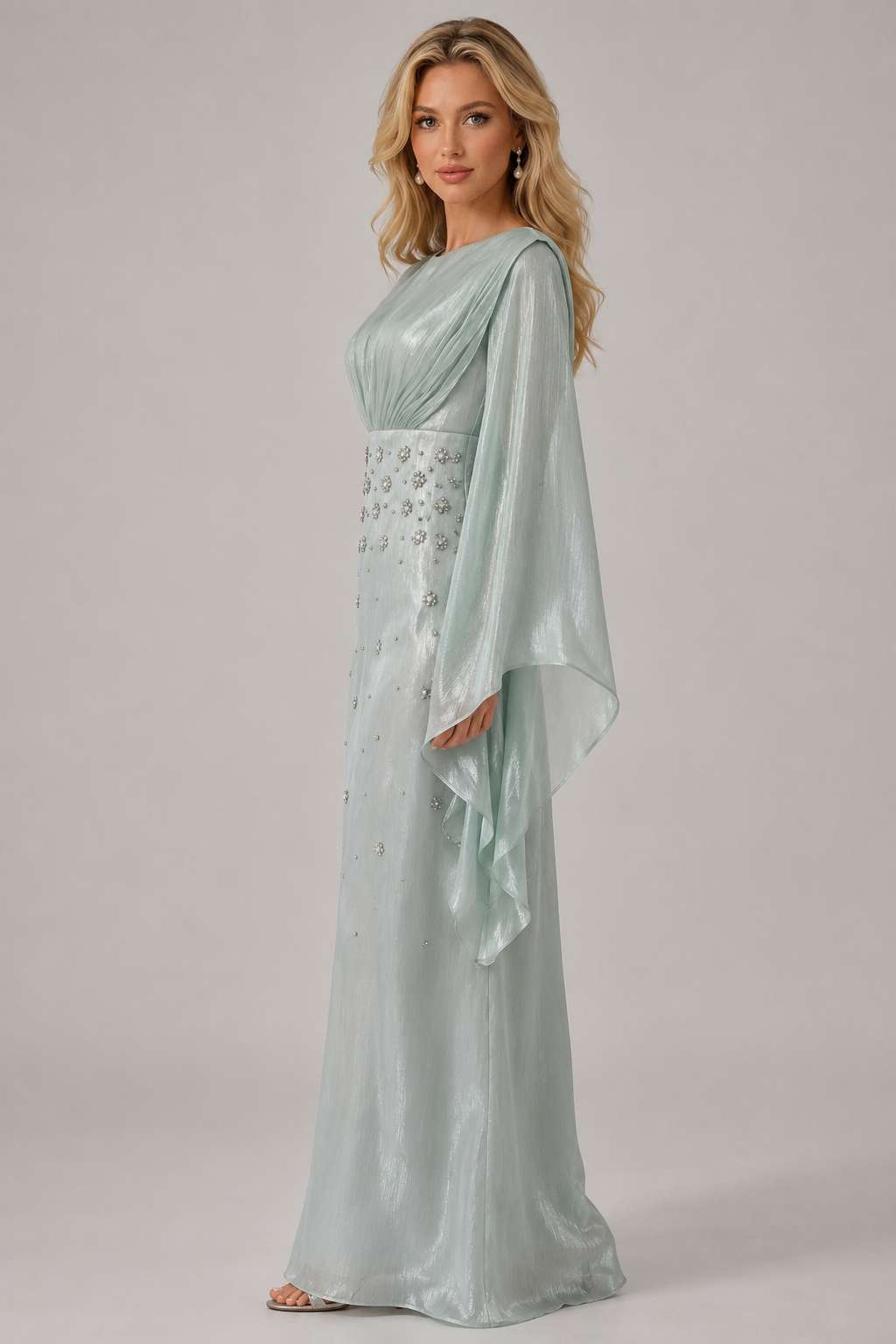 Crystal Embellished Ruched Waist Flutter Sleeve Satin Evening Gown