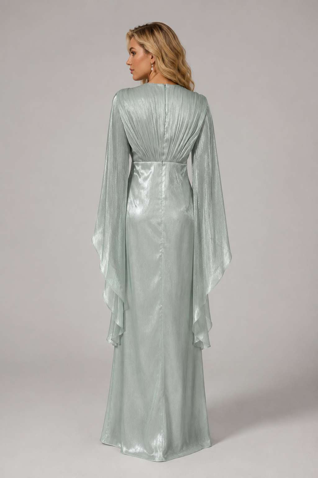 Crystal Embellished Ruched Waist Flutter Sleeve Satin Evening Gown