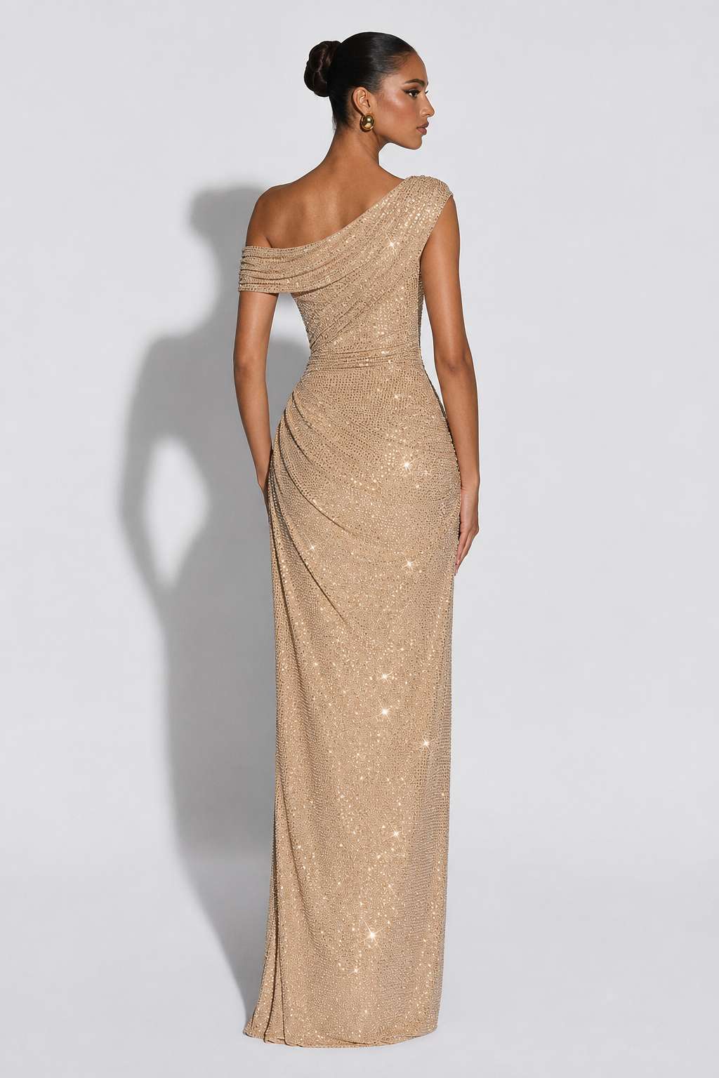 One Shoulder Cut Out Waist Slim Fit Rhinestone Embellished Maxi Dress