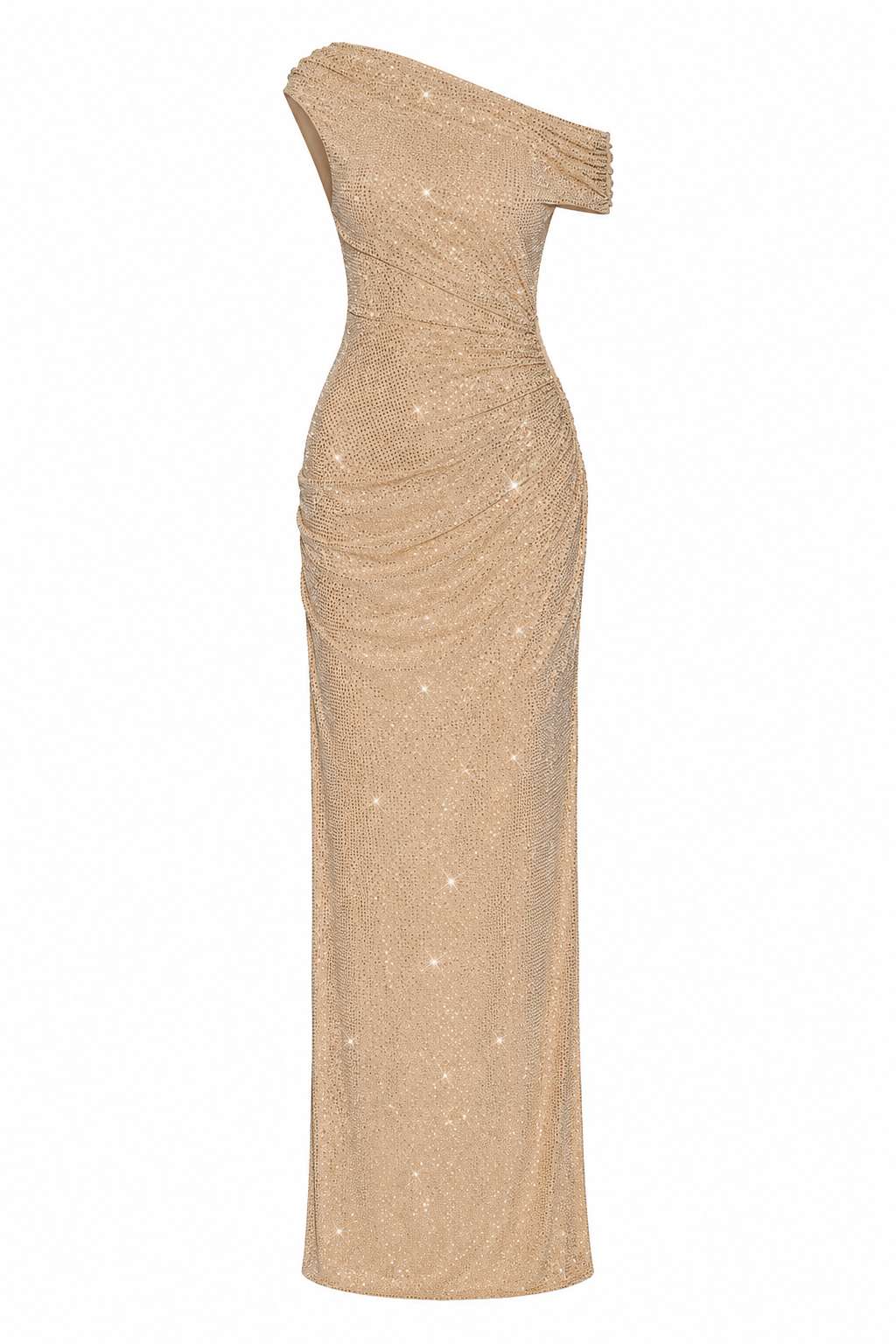 One Shoulder Cut Out Waist Slim Fit Rhinestone Embellished Maxi Dress