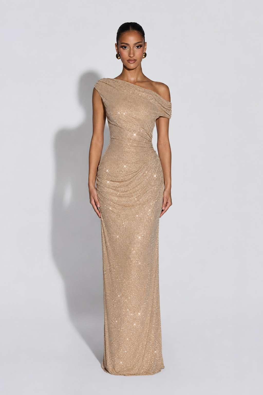 One Shoulder Cut Out Waist Slim Fit Rhinestone Embellished Maxi Dress