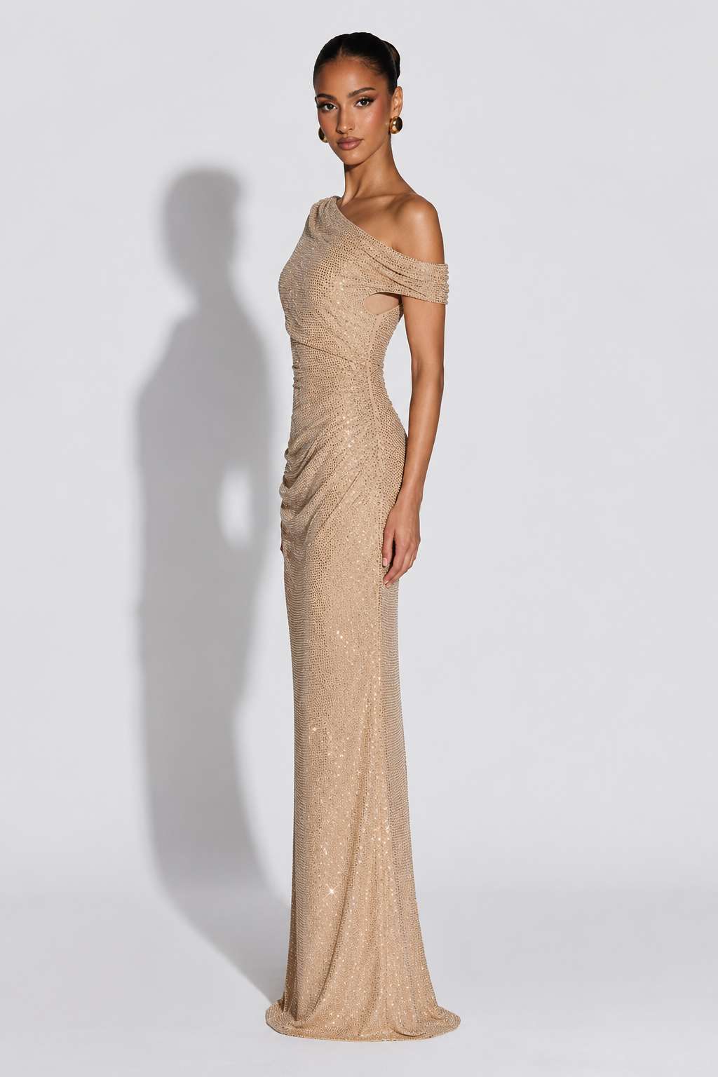 One Shoulder Cut Out Waist Slim Fit Rhinestone Embellished Maxi Dress
