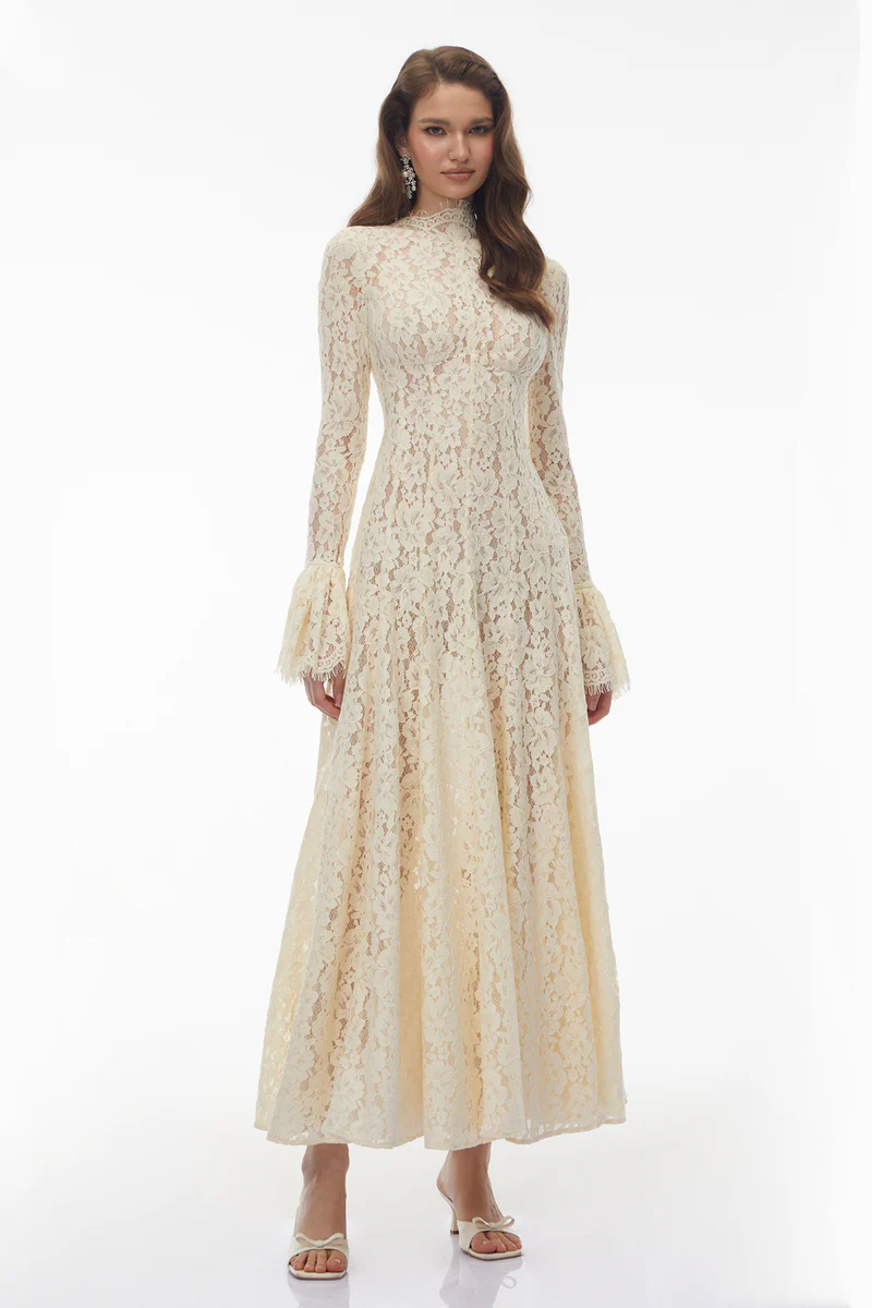 Vintage Royal Style Long Sleeve Lace Ruched Waist Maxi Dress