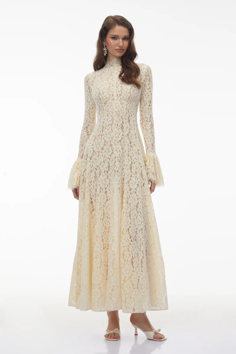 Vintage Royal Style Long Sleeve Lace Ruched Waist Maxi Dress