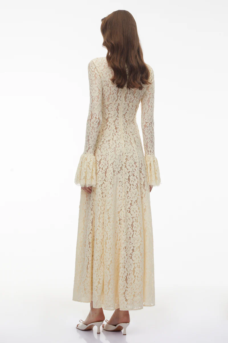 Vintage Royal Style Long Sleeve Lace Ruched Waist Maxi Dress