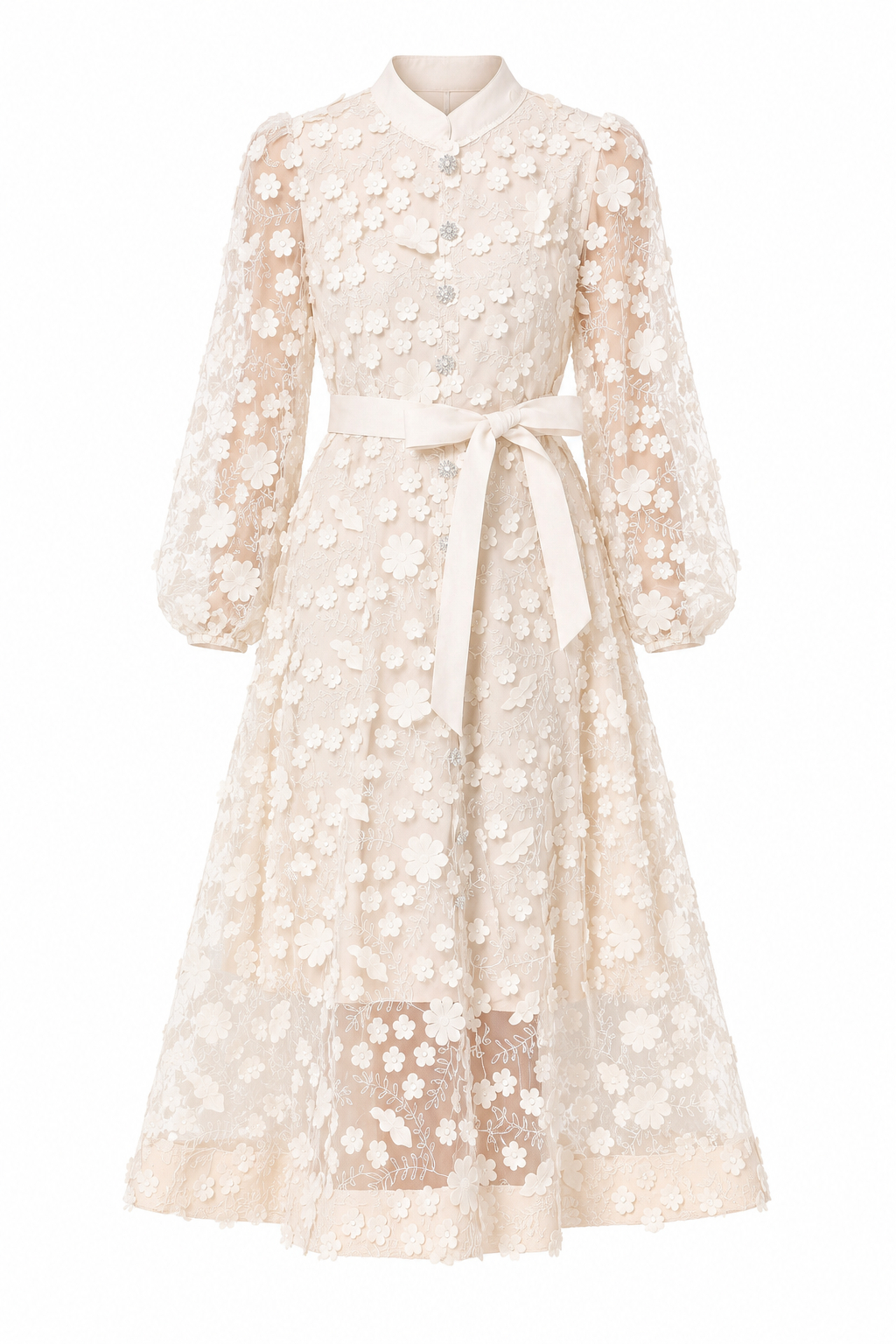 Polly 3D Floral Embroidery Stand Collar A-Line Dress