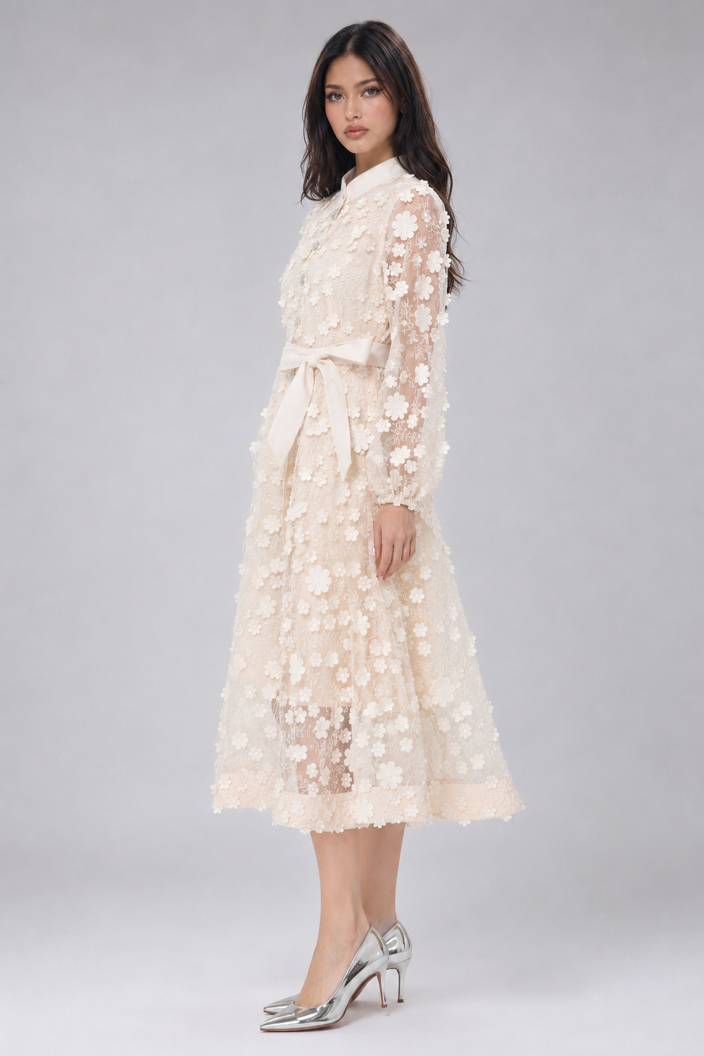 Polly 3D Floral Embroidery Stand Collar A-Line Dress