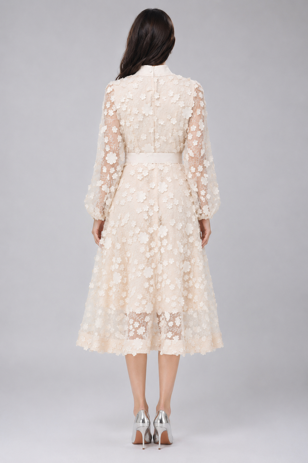 Polly 3D Floral Embroidery Stand Collar A-Line Dress