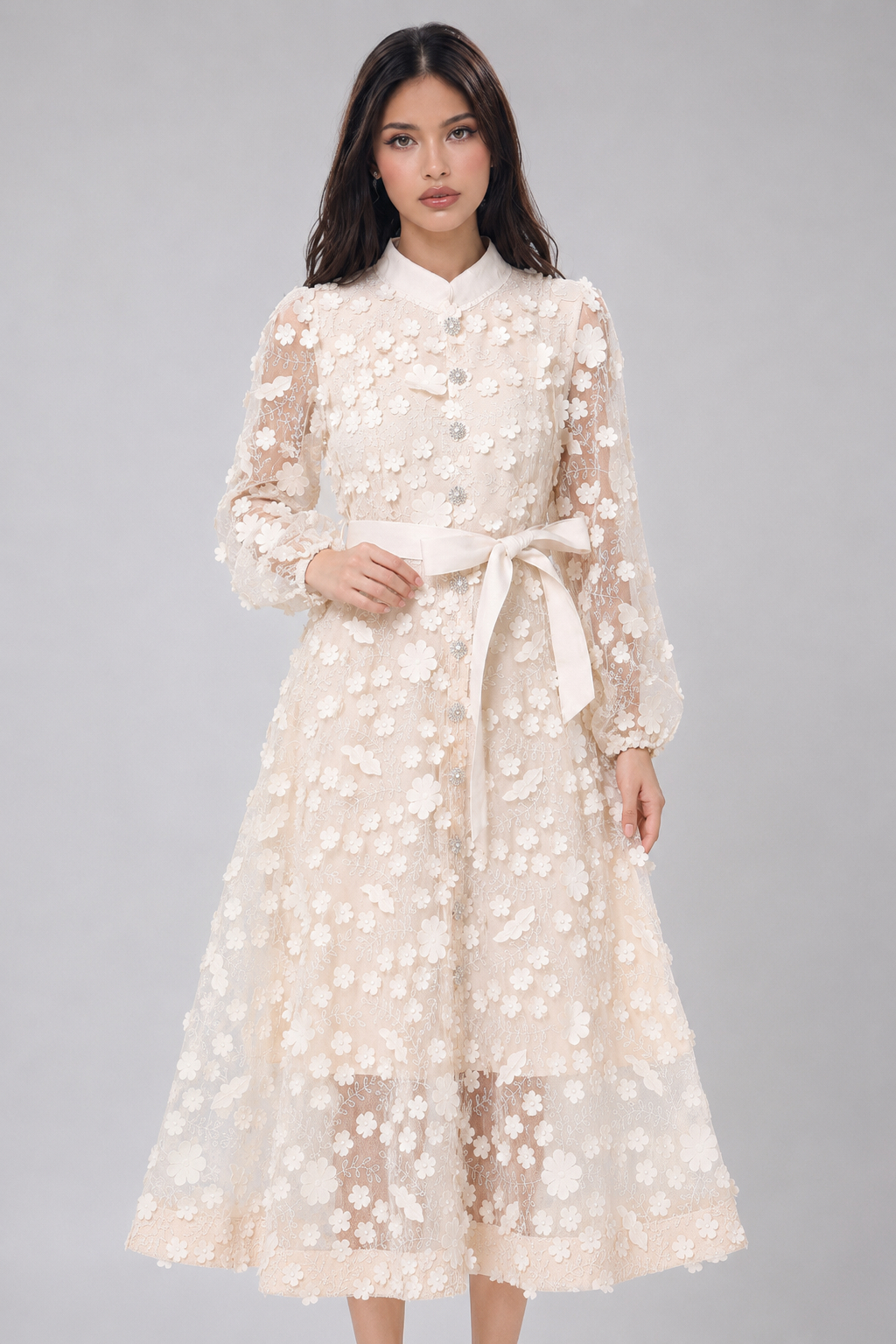 Polly 3D Floral Embroidery Stand Collar A-Line Dress