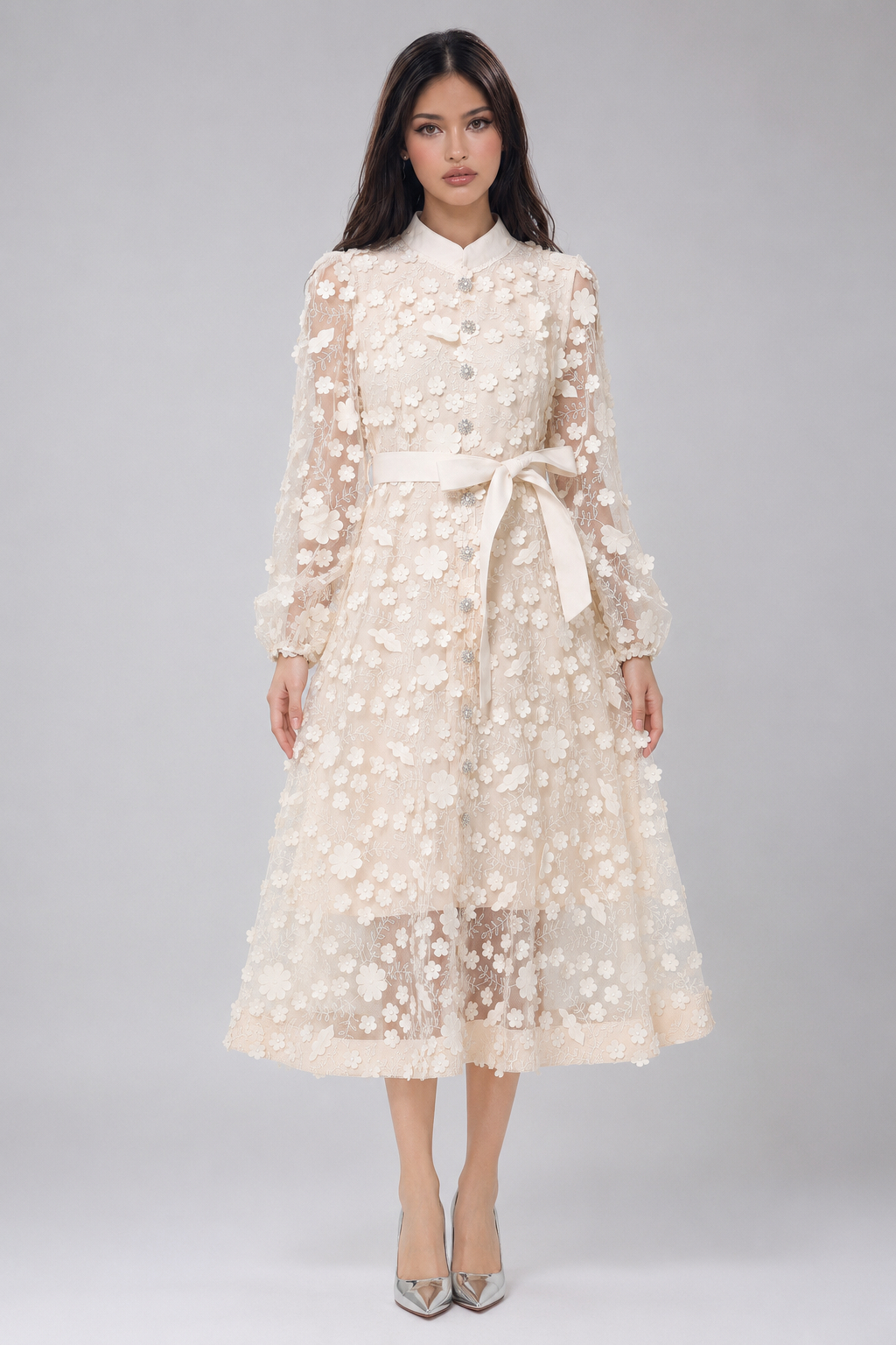 Polly 3D Floral Embroidery Stand Collar A-Line Dress