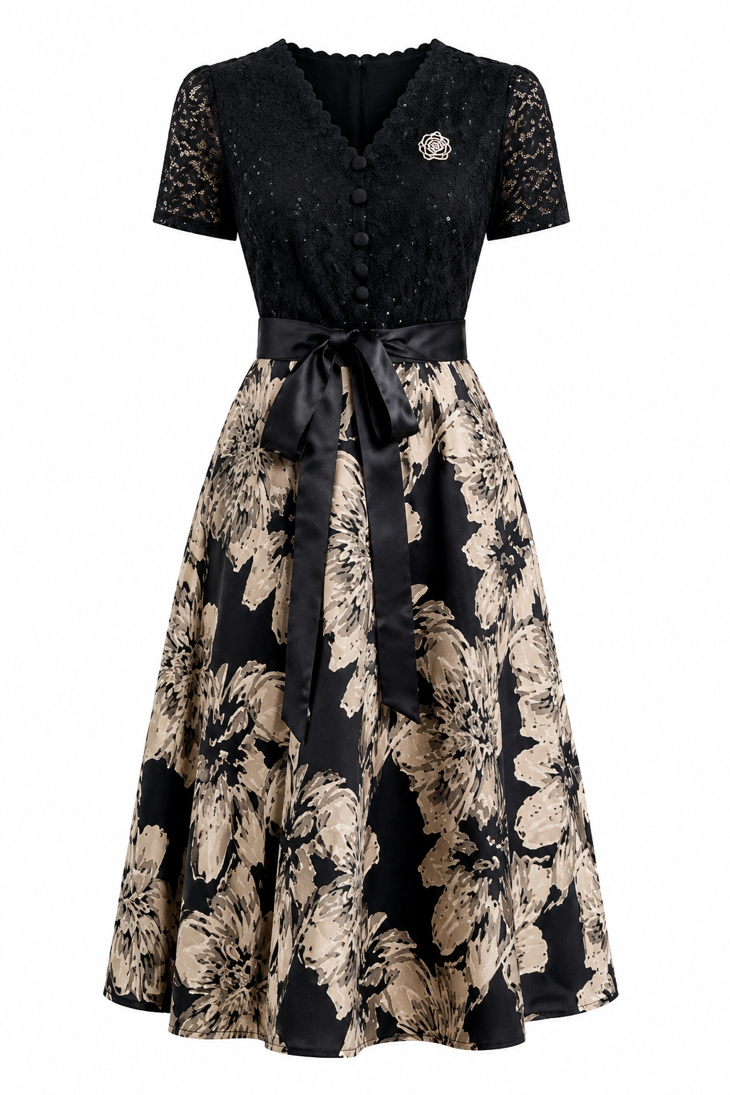 Tiffany French V-Neck Floral Lace A-Line Dress