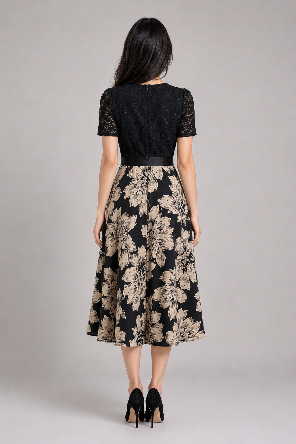 Tiffany French V-Neck Floral Lace A-Line Dress
