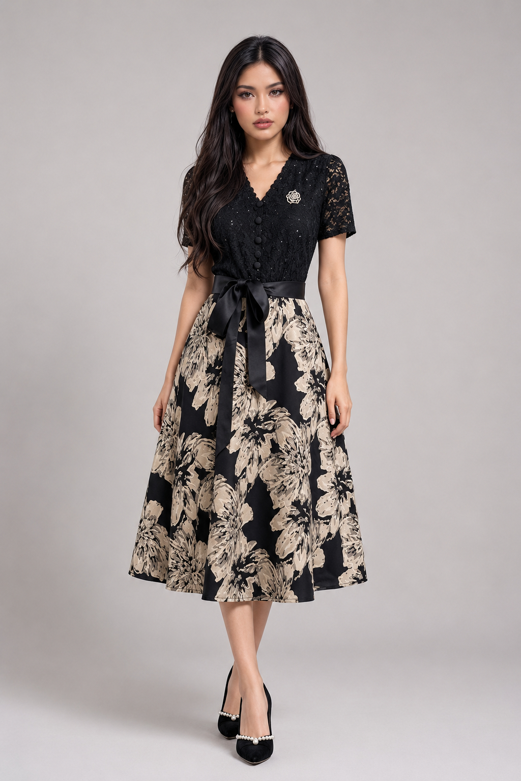 Tiffany French V-Neck Floral Lace A-Line Dress