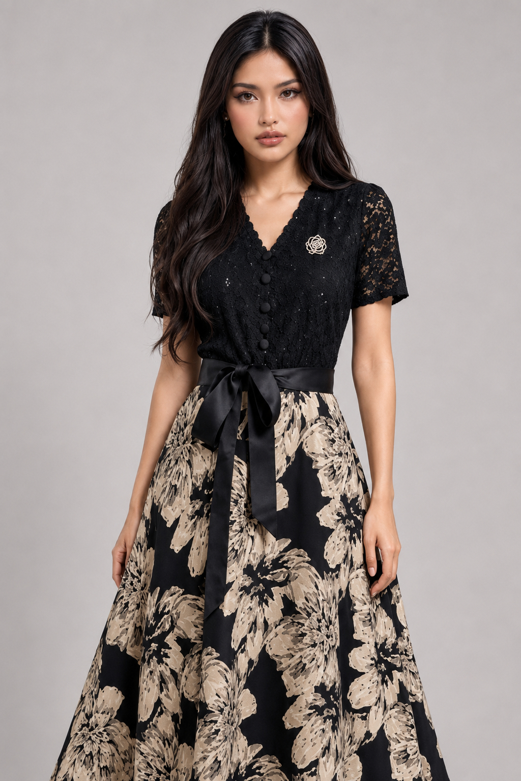 Tiffany French V-Neck Floral Lace A-Line Dress