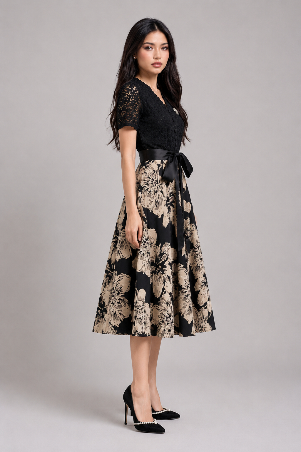 Tiffany French V-Neck Floral Lace A-Line Dress