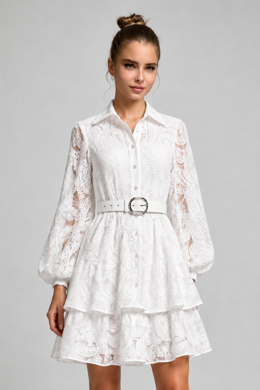 Foxy Sweet Lace Embroidery Shirt Mini Dress