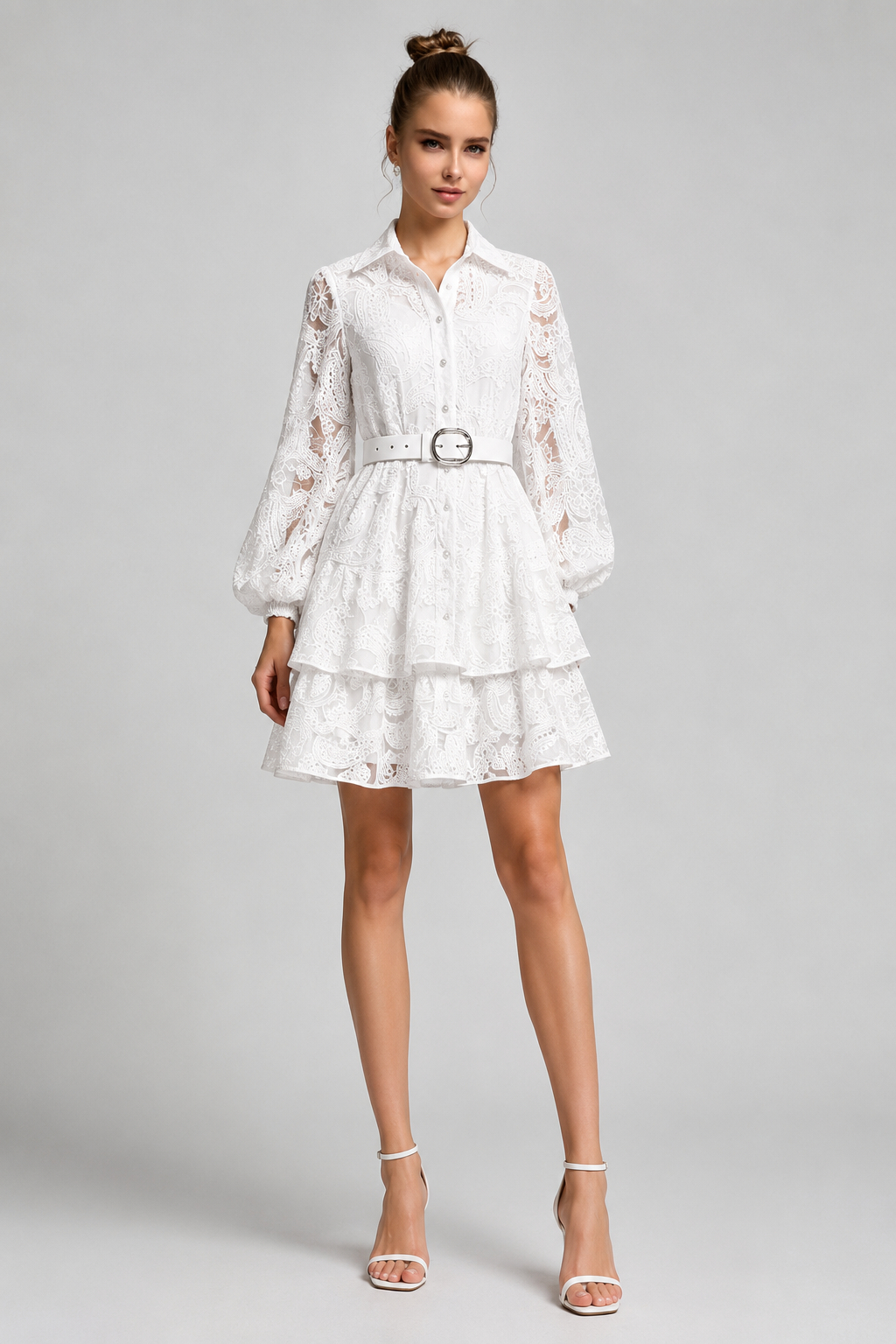 Foxy Sweet Lace Embroidery Shirt Mini Dress