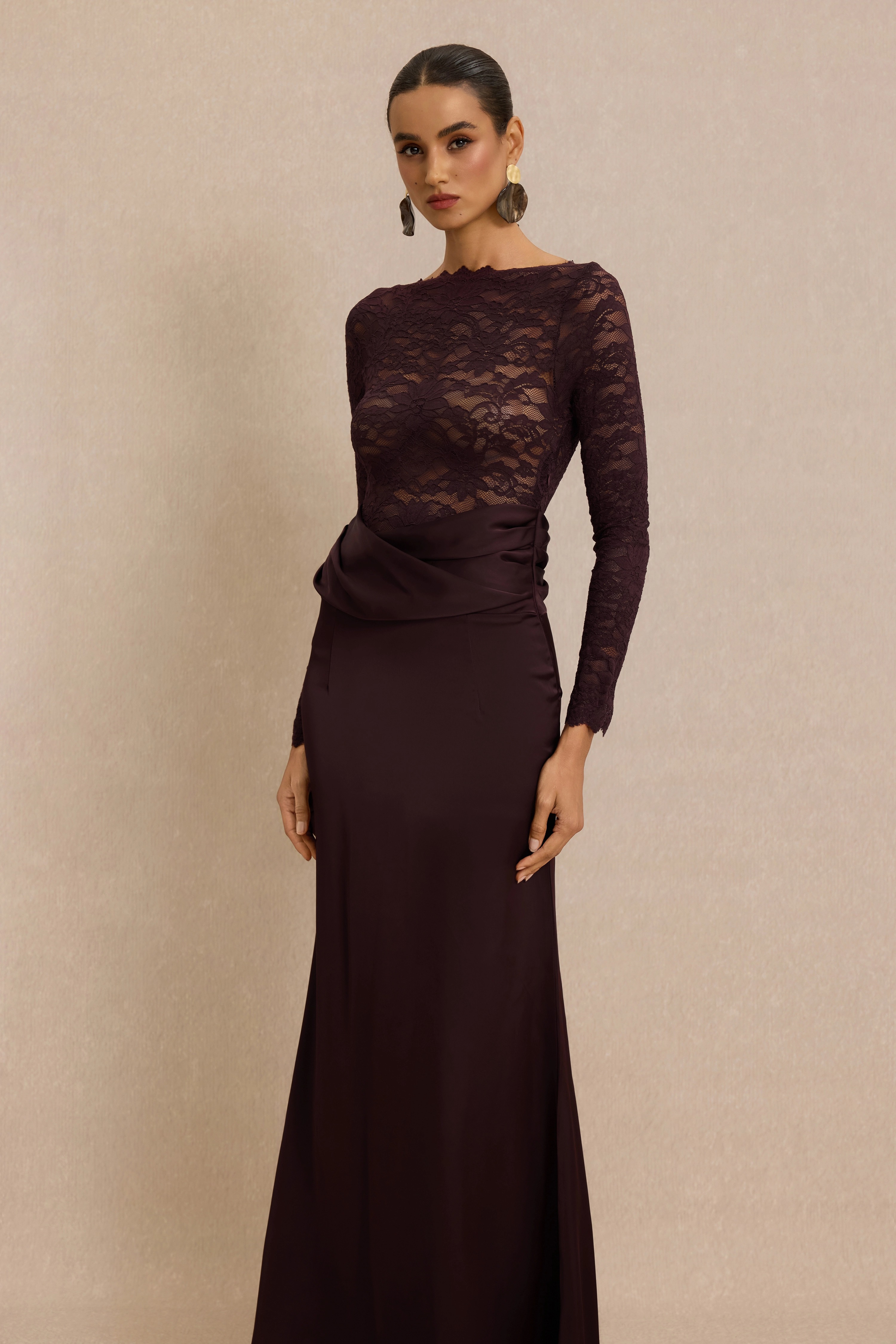 Lace Splicing Satin Long Sleeve Maxi Dress