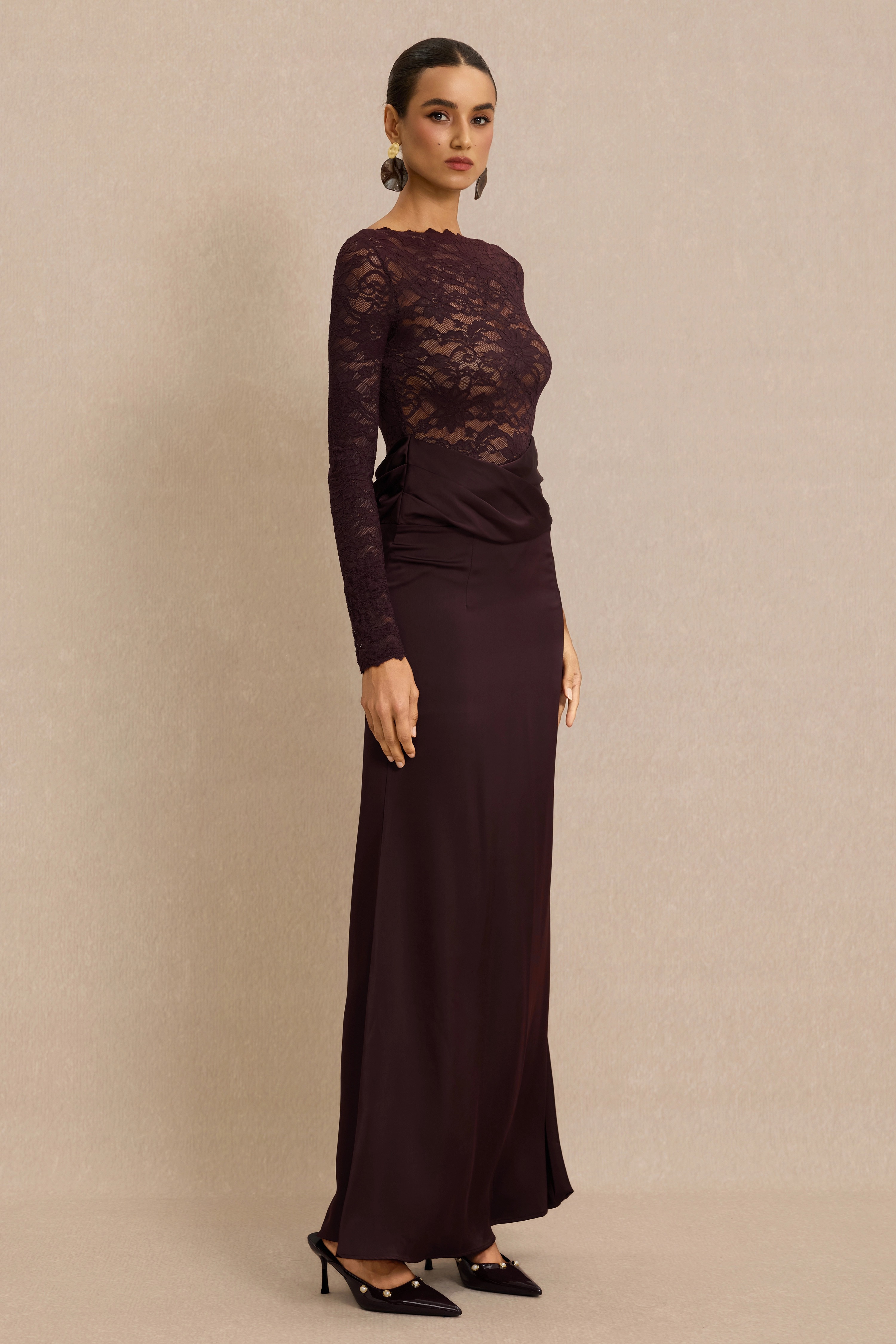 Lace Splicing Satin Long Sleeve Maxi Dress