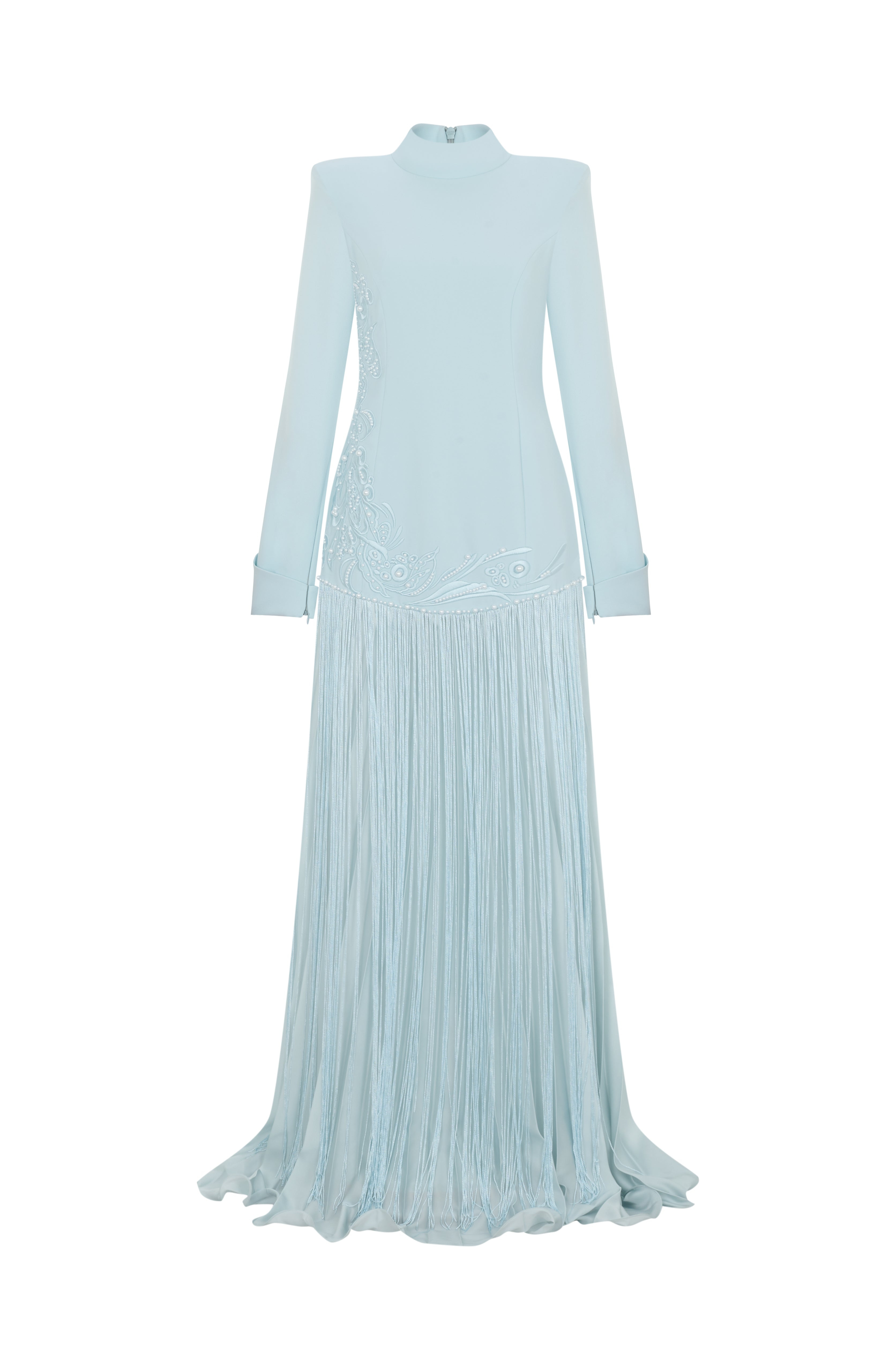 Light Blue High Neck Beaded Fringe Maxi Gown