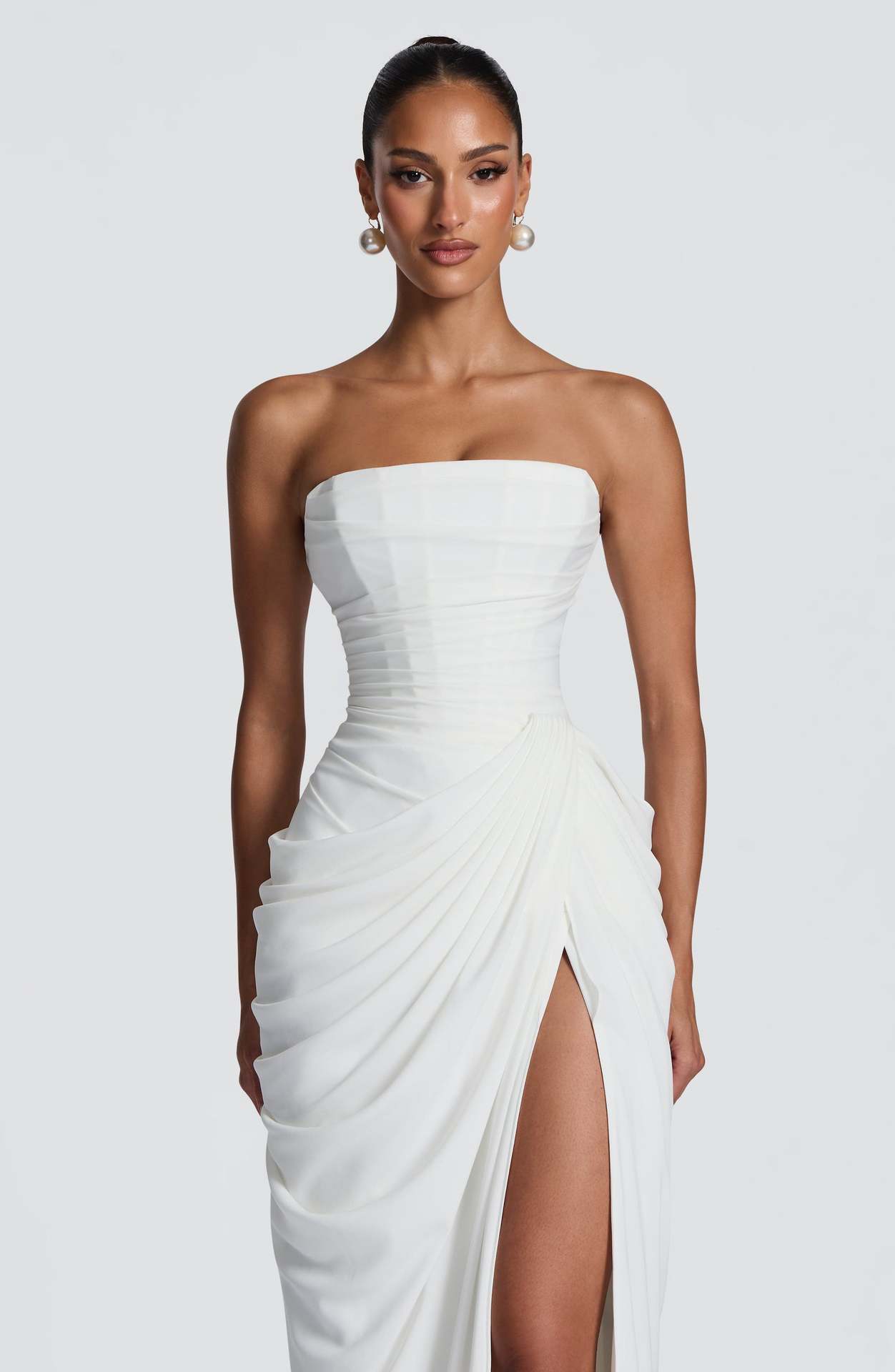 Diora White Slim Split Dress with Sheer Tulle Cape