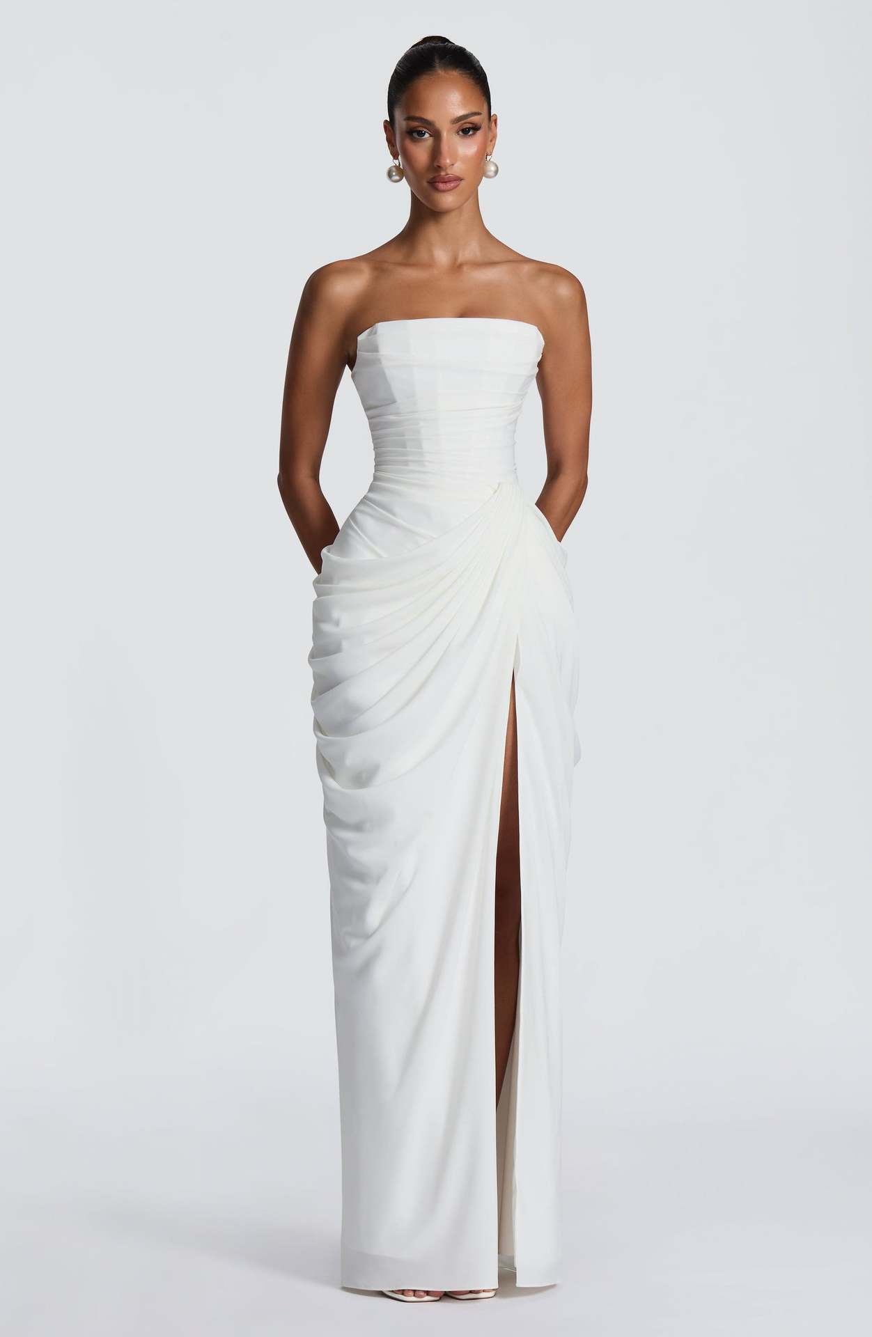 Diora White Slim Split Dress with Sheer Tulle Cape