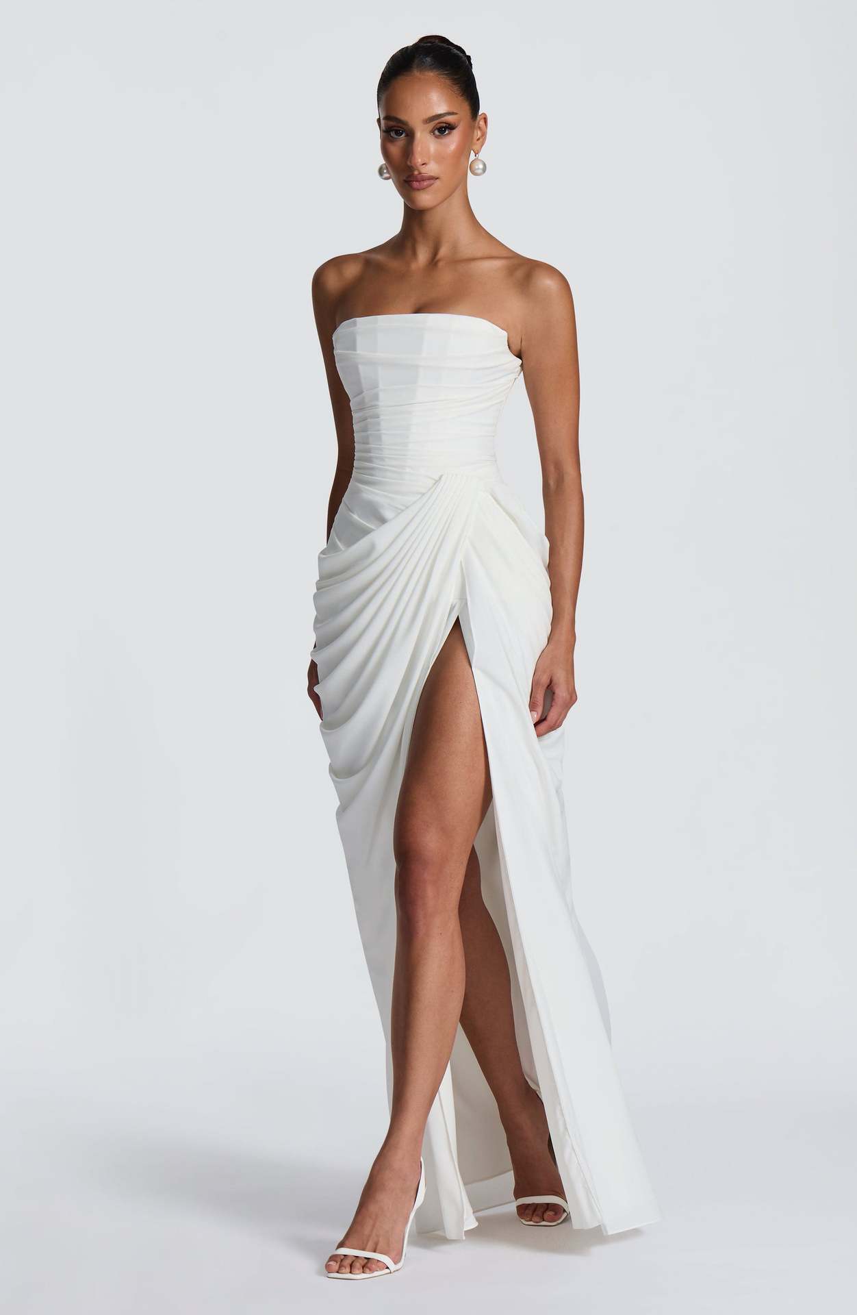 Diora White Slim Split Dress with Sheer Tulle Cape