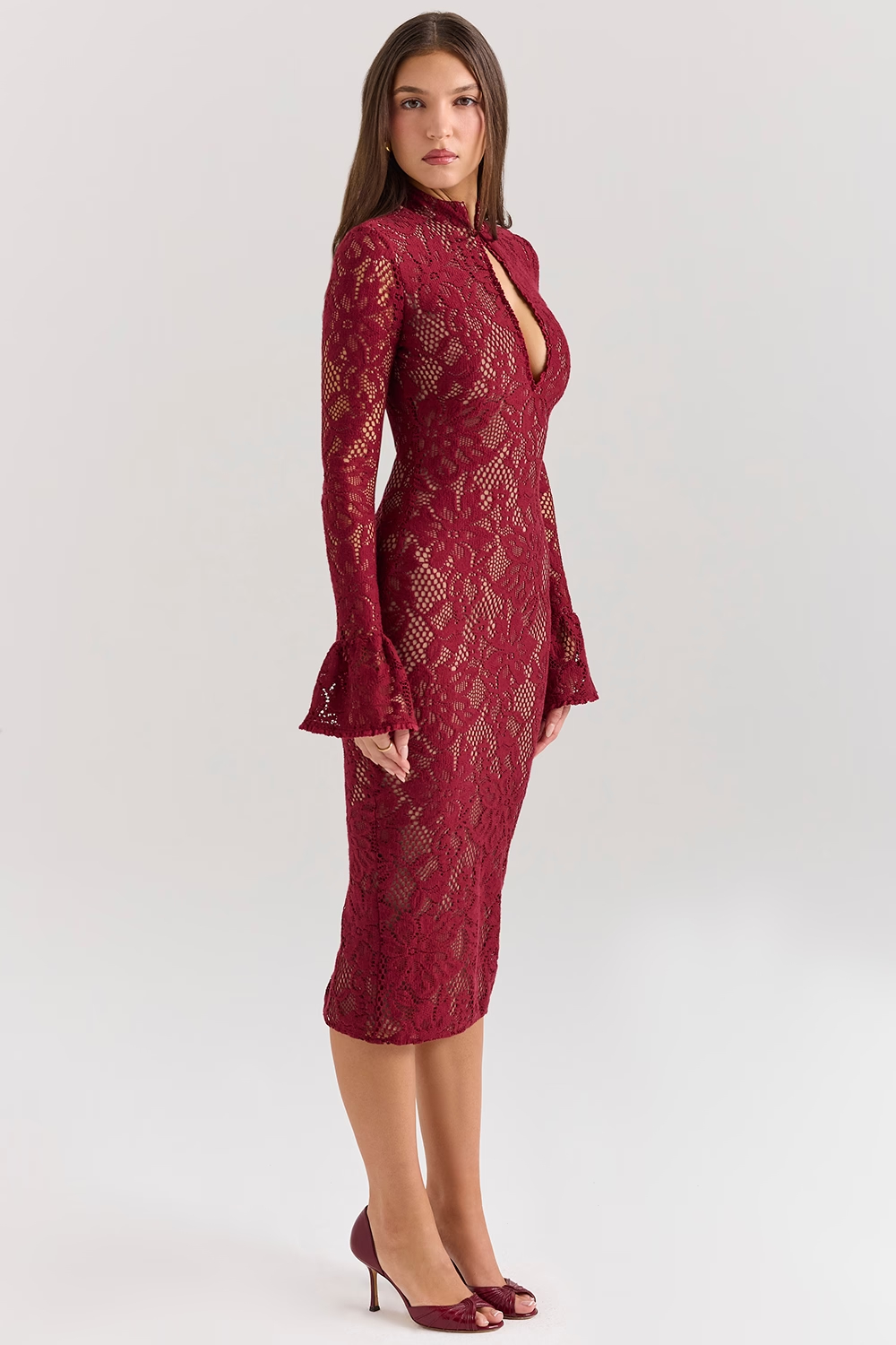 Pierette Berry Lace Midi Dress