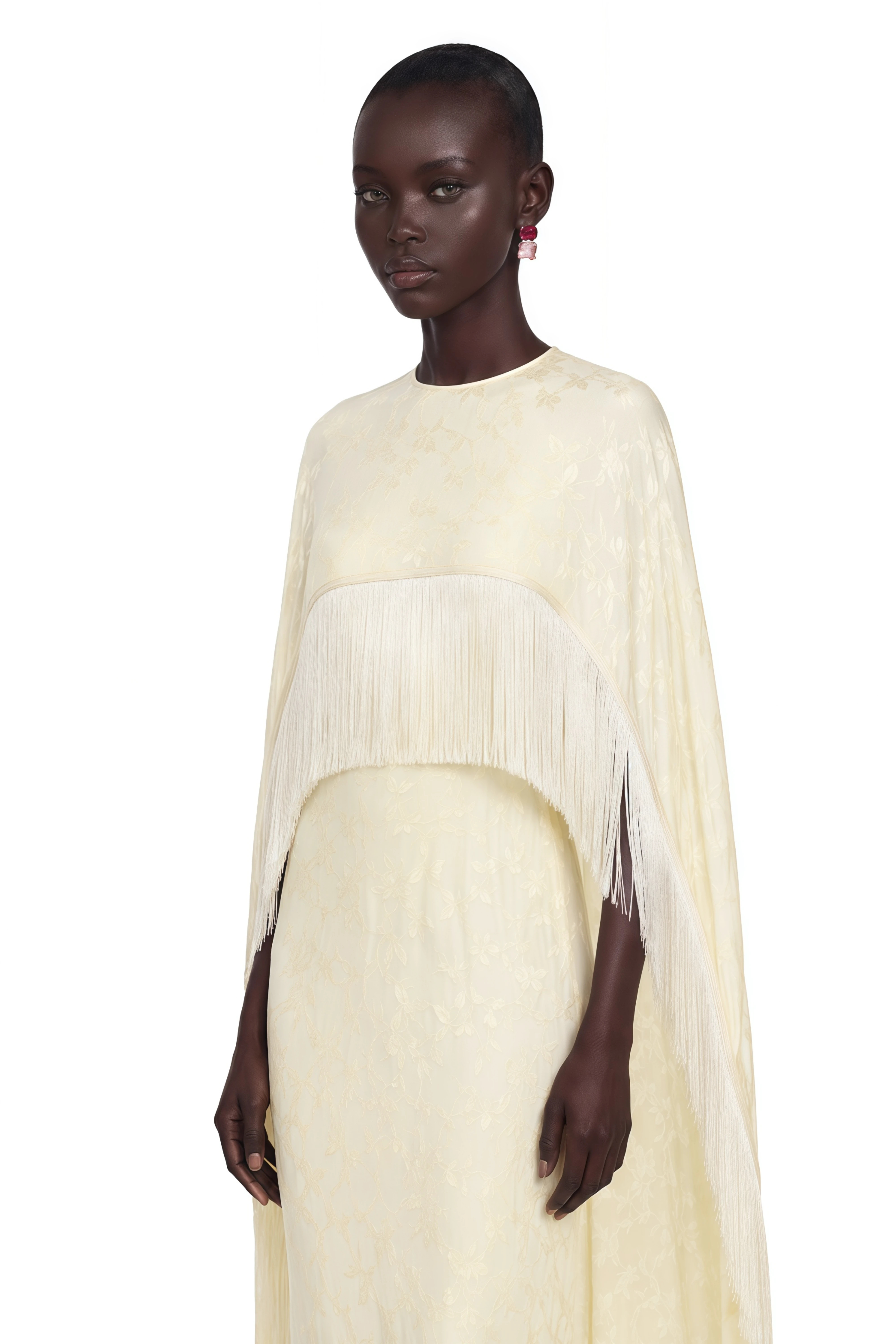 olanda Pale Yellow Maxi Dress with Cape and Fringes