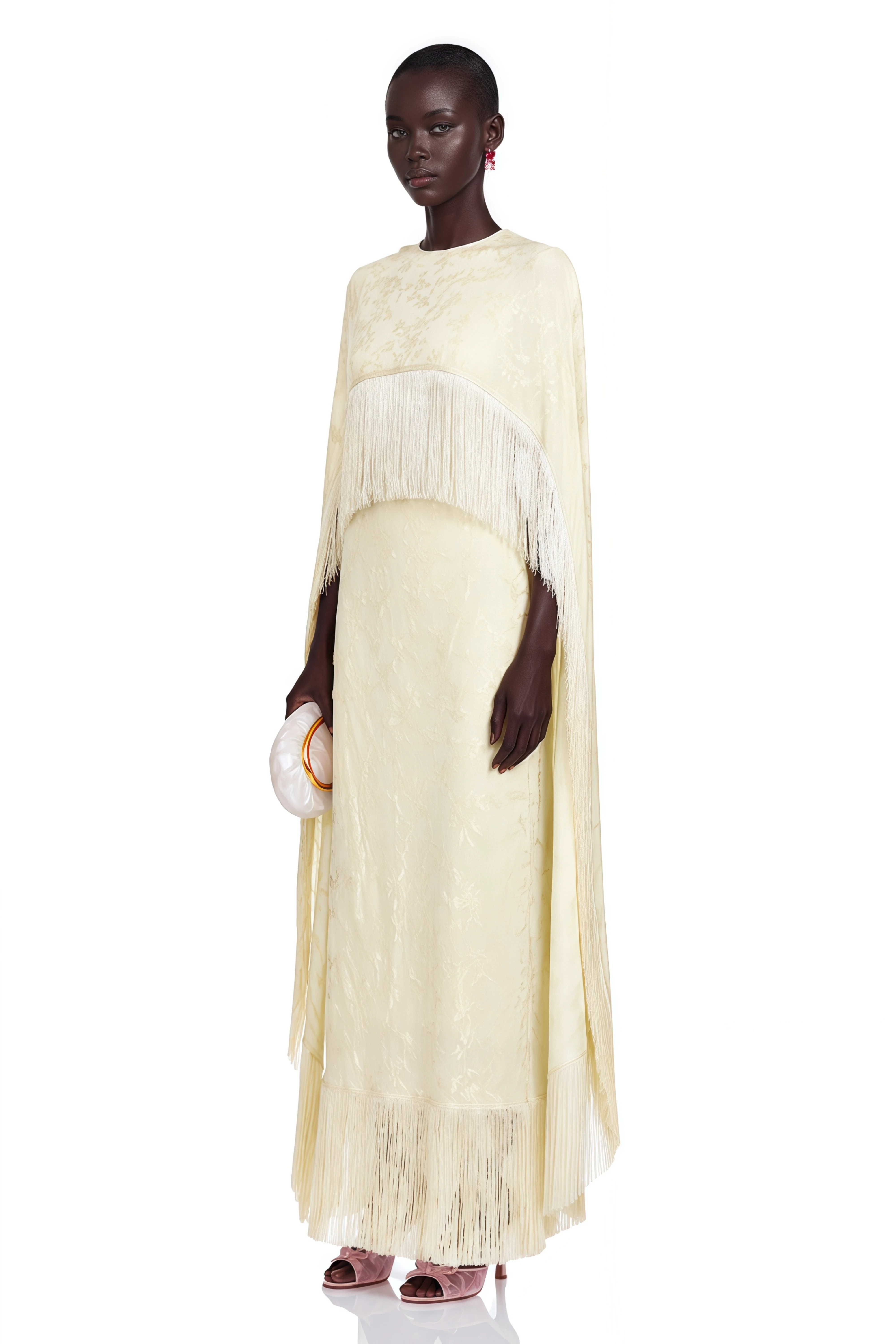 olanda Pale Yellow Maxi Dress with Cape and Fringes