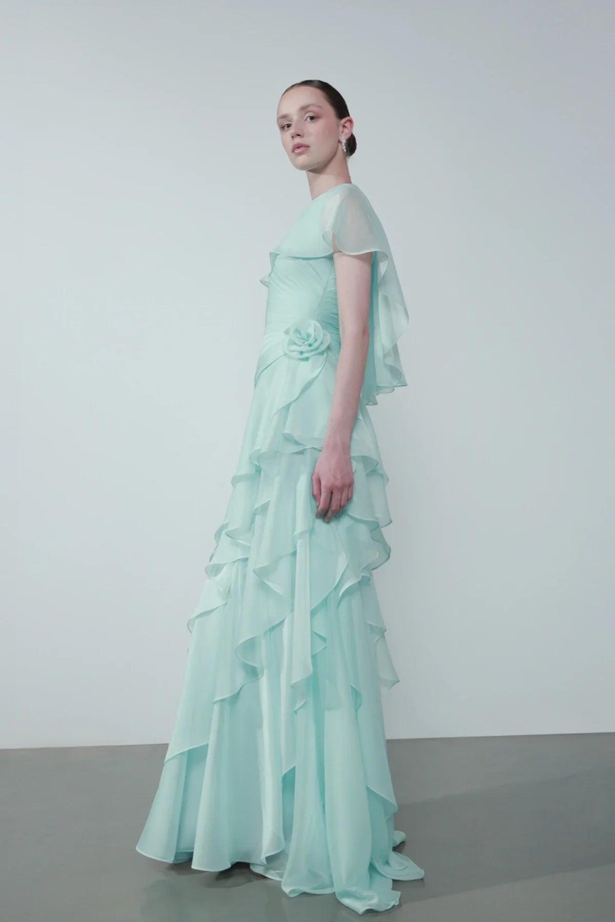 Cap-Shoulder Crew-Neck Floral-Appliqué Waist Tiered Maxi Dress 4