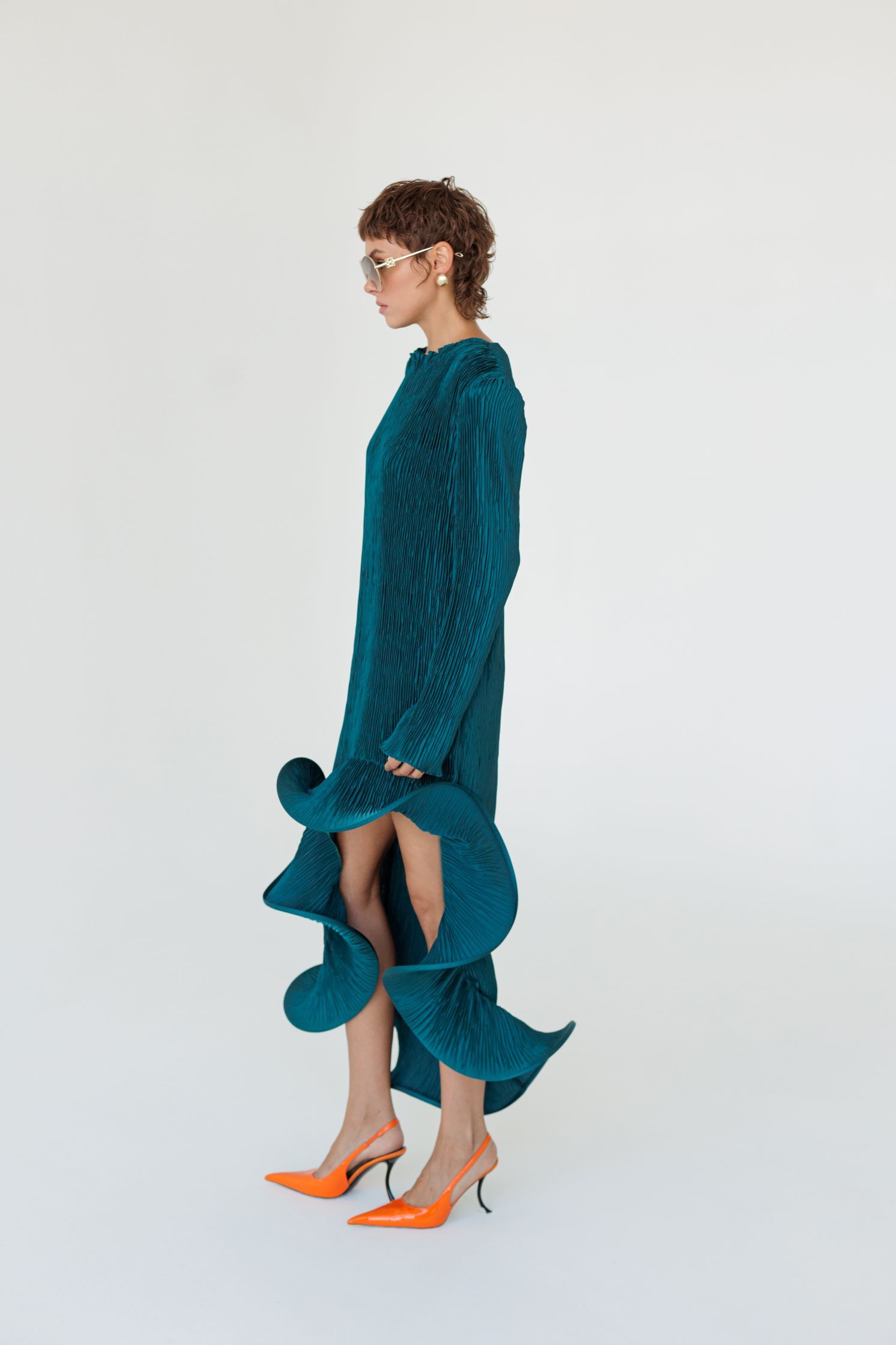 Flared Skirt with Ruffled Hem Long-sleeve Dress
