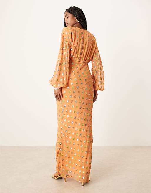 Never Fully Dressed metallic gold spot midaxi dress in coral