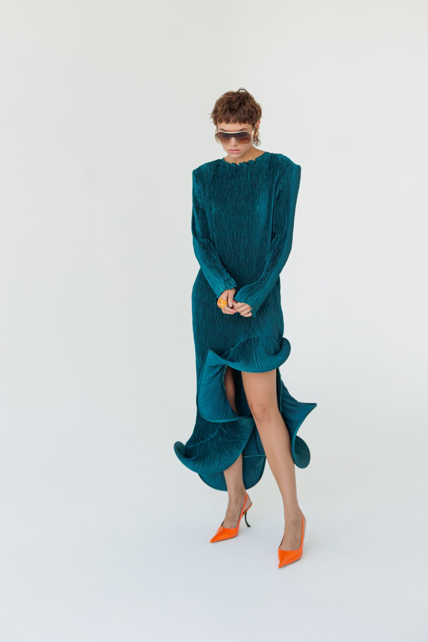 Flared Skirt with Ruffled Hem Long-sleeve Dress