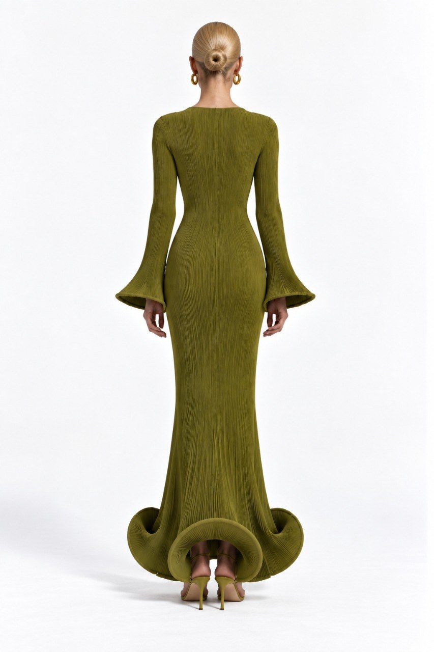 Flared Skirt with Ruffled Hem Long-sleeve Dress