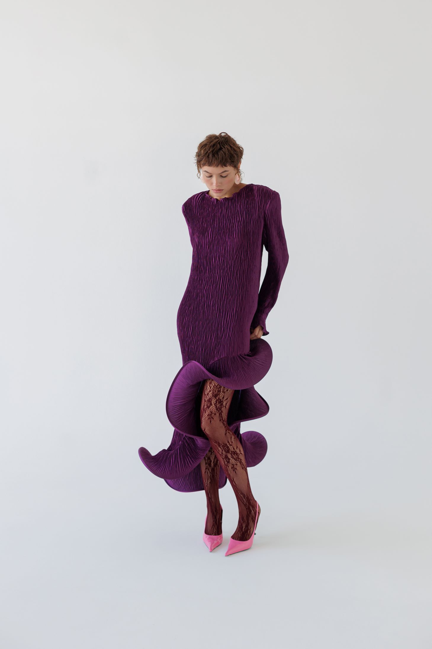 Flared Skirt with Ruffled Hem Long-sleeve Dress