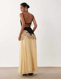 Embellished crochet flower maxi dress in black and neutral