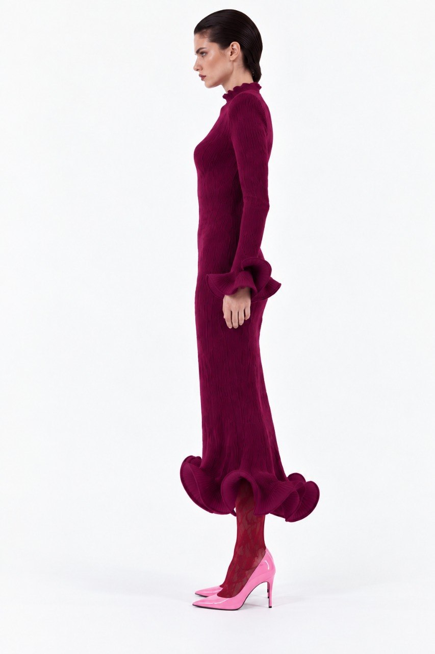 Flared Skirt with Ruffled Hem Long-sleeve Dress
