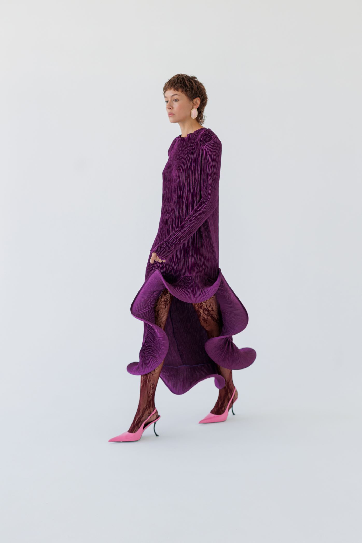 Flared Skirt with Ruffled Hem Long-sleeve Dress