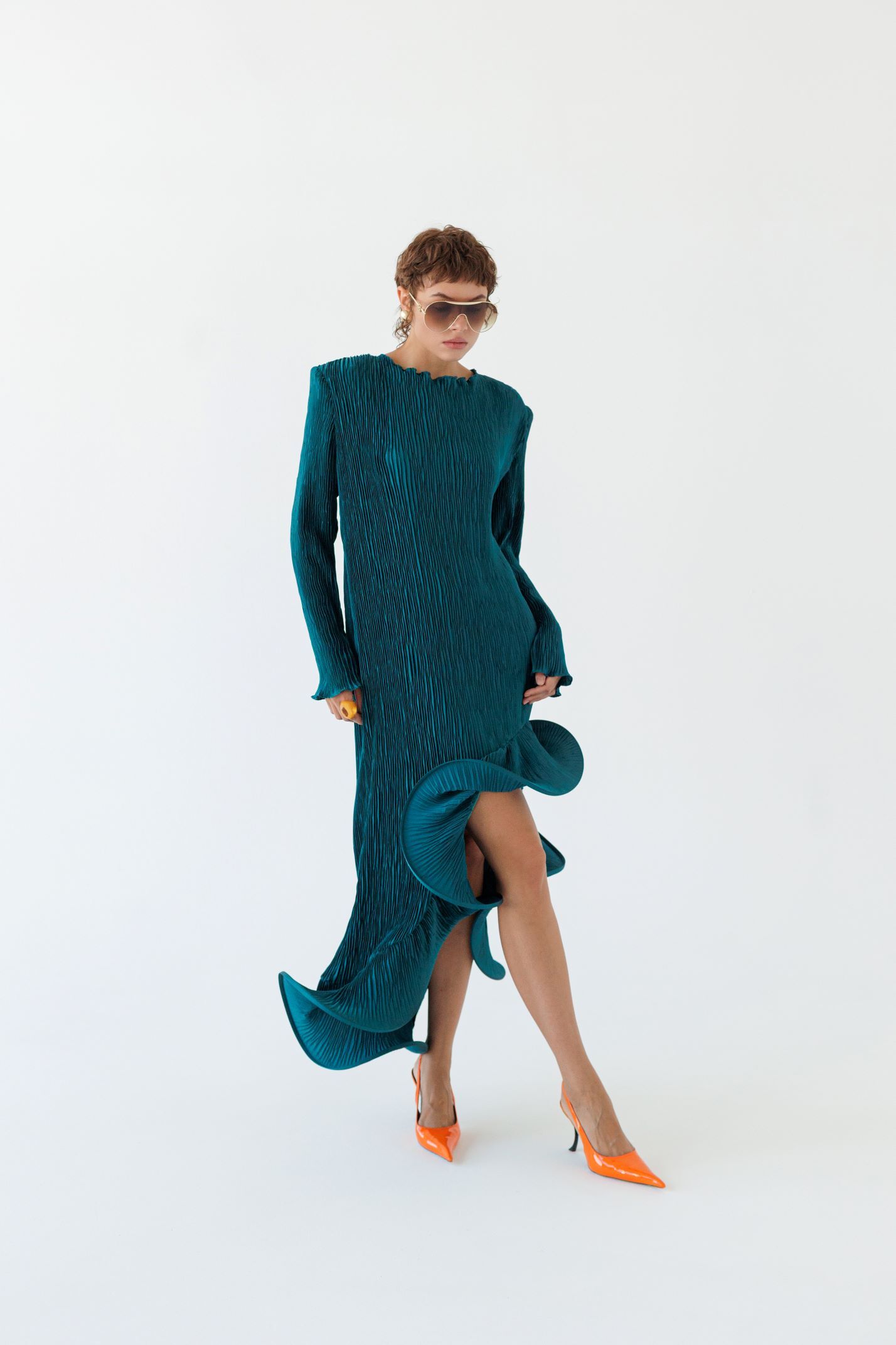 Flared Skirt with Ruffled Hem Long-sleeve Dress