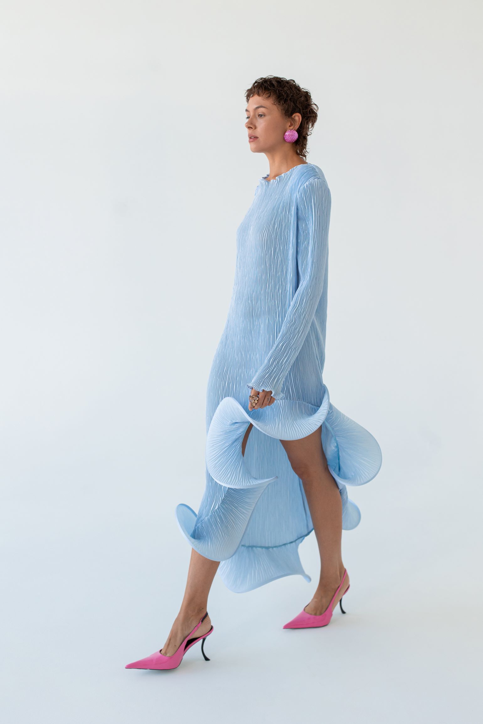 Flared Skirt with Ruffled Hem Long-sleeve Dress