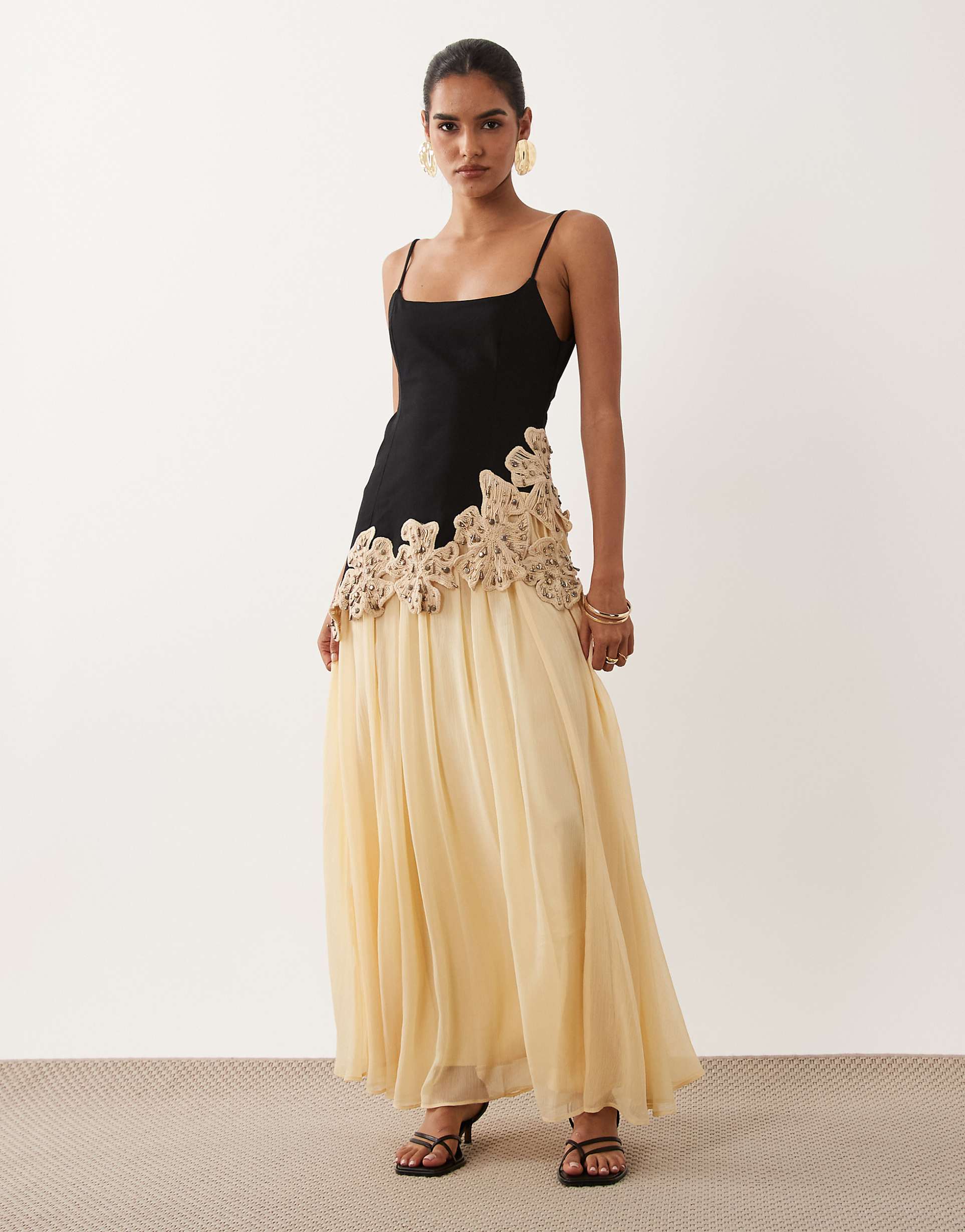 Embellished crochet flower maxi dress in black and neutral