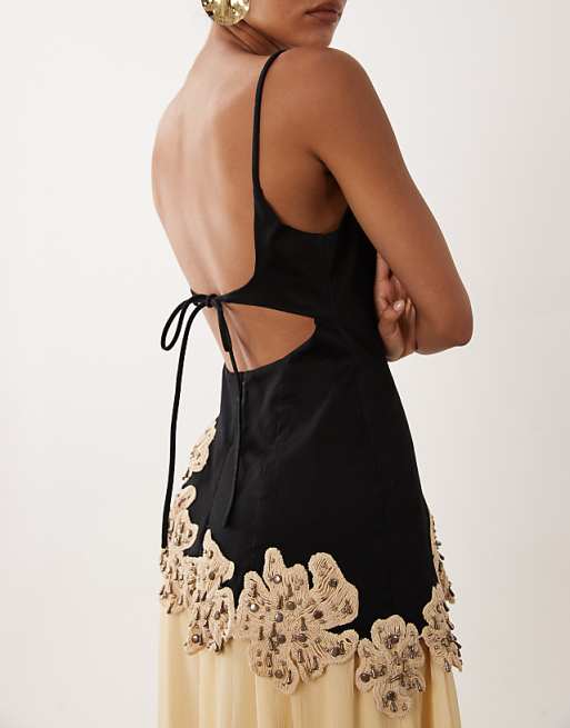 Embellished crochet flower maxi dress in black and neutral