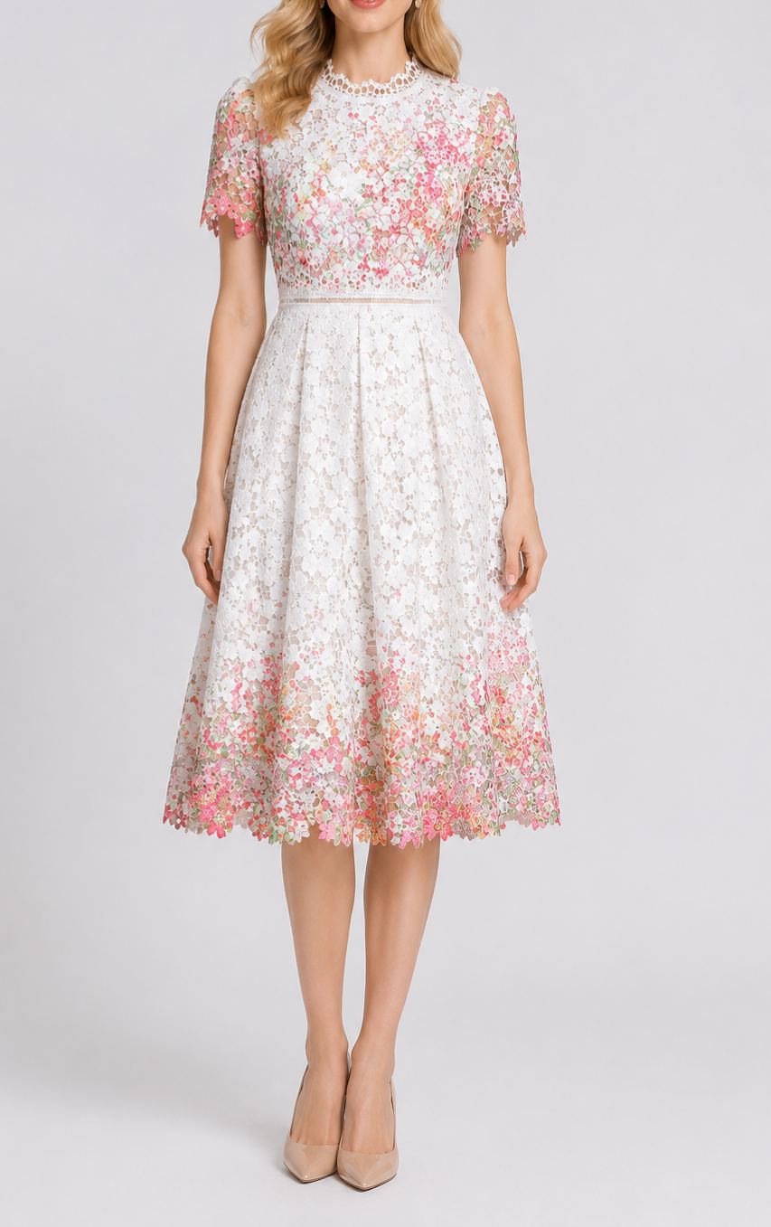Josephine Cutwork Water-Soluble Lace Printed Midi Dress