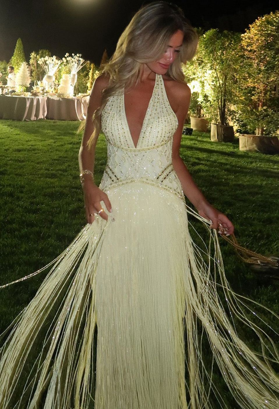 Gala Exquisite Yellow Beaded Halter Neck Deep V Evening Dress SS554