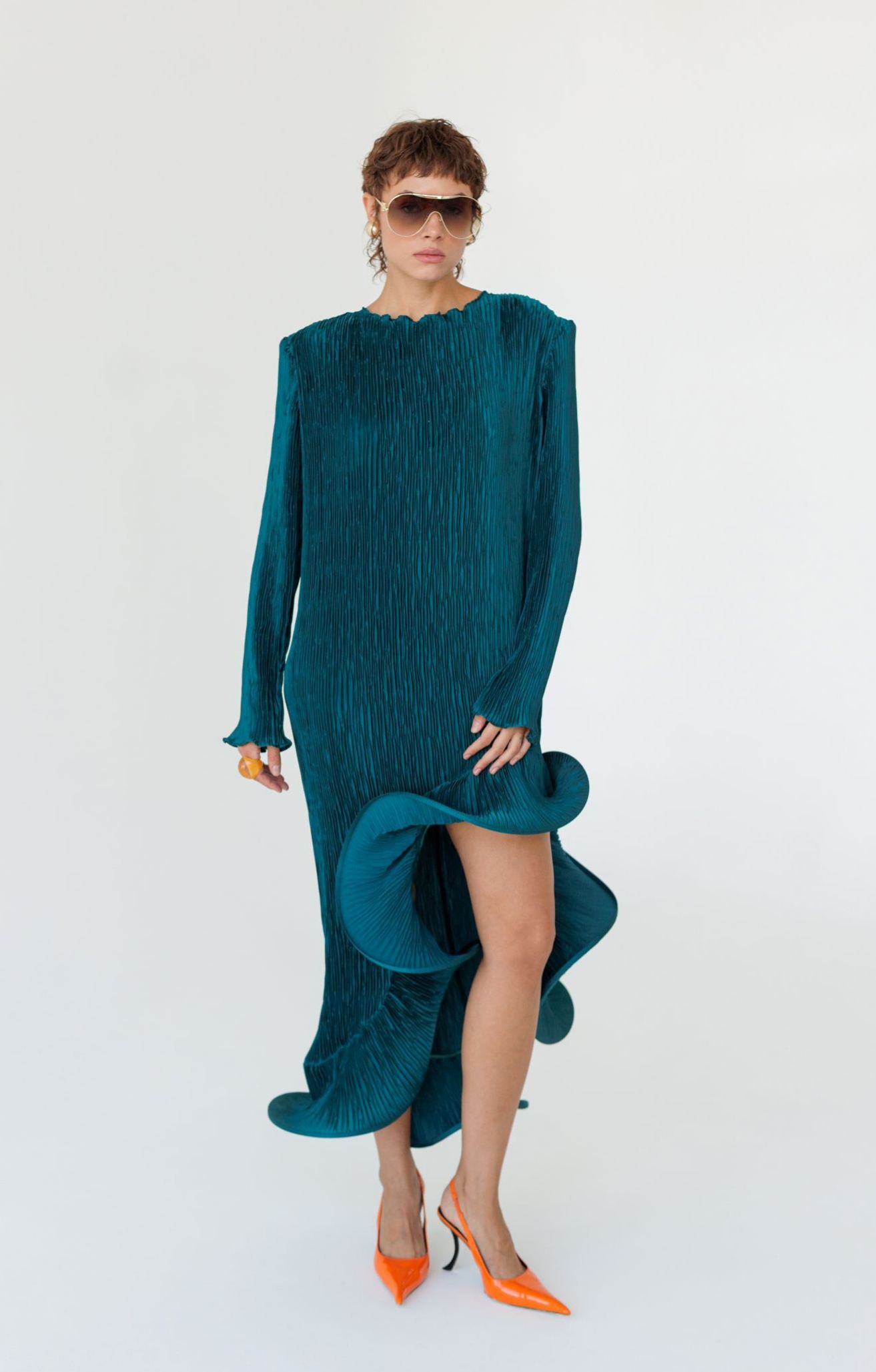 Flared Skirt with Ruffled Hem Long-sleeve Dress