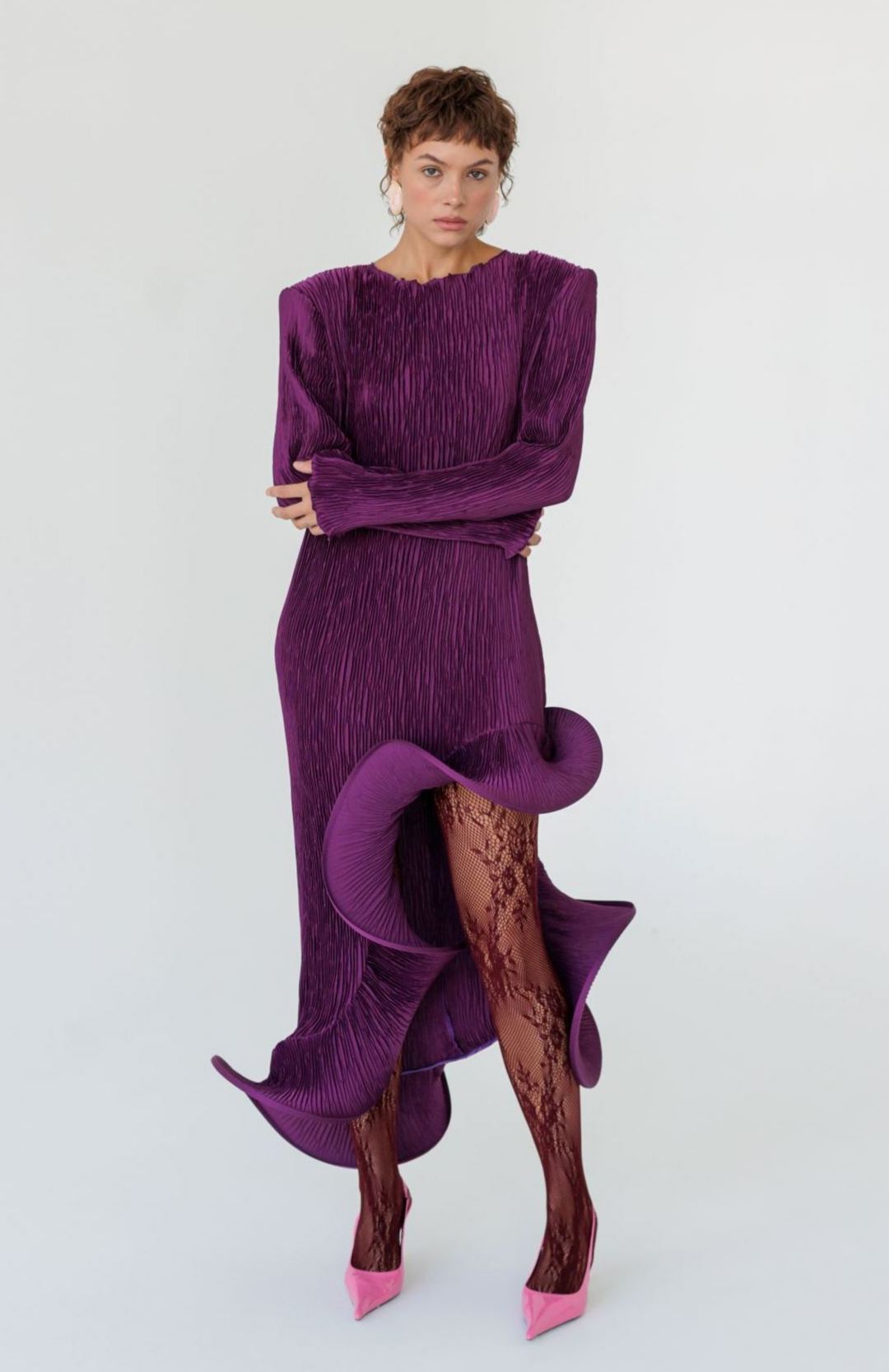 Flared Skirt with Ruffled Hem Long-sleeve Dress