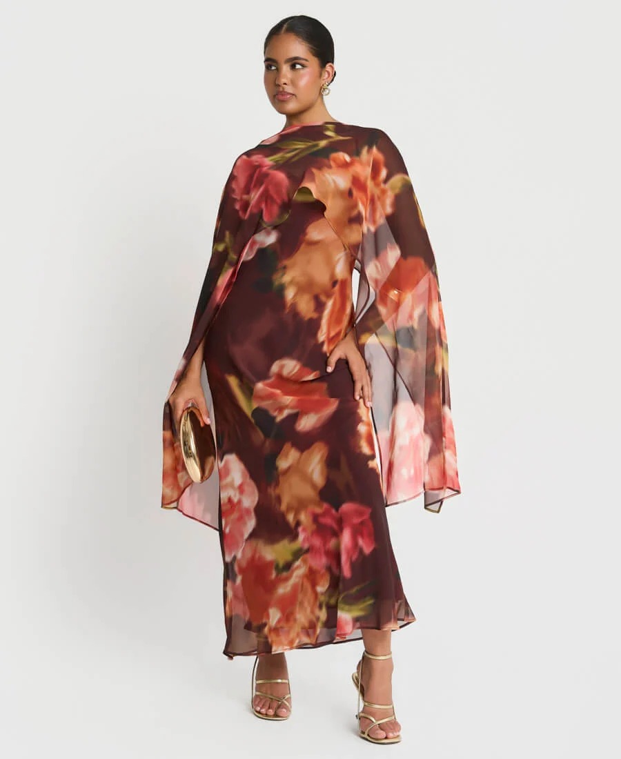 Brown Floral Chiffon Cape Maxi Dress