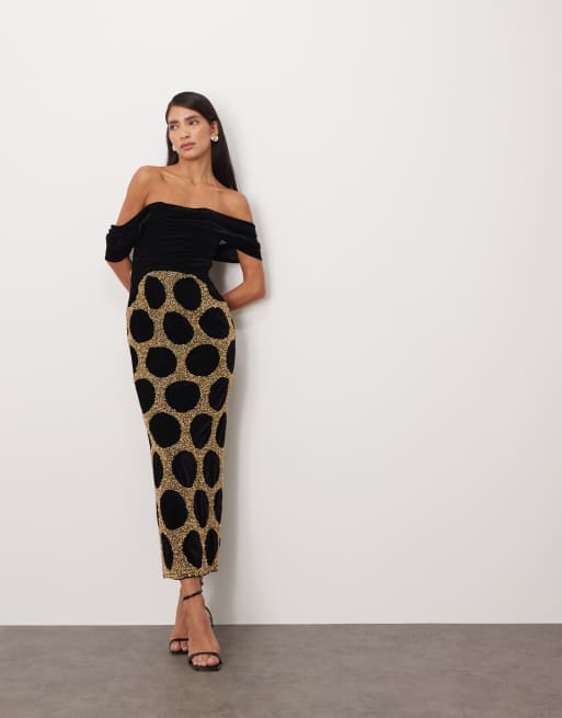 Arrange Draped Bardot Embellished Spot Midi Dress