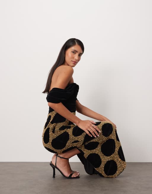 Arrange Draped Bardot Embellished Spot Midi Dress